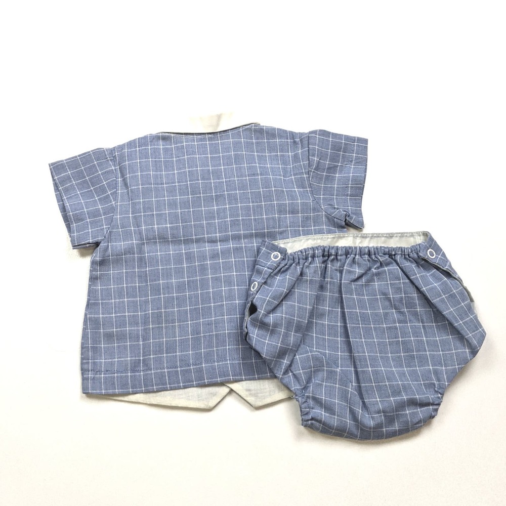 Vintage Outfit Baby Boys Sz 3-6m Muted Blue Windowpane Plaid Spring Easter - Picture 3 of 3